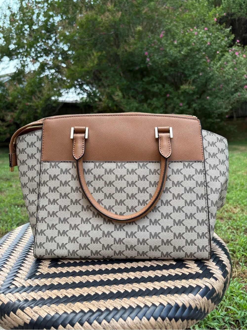 Michael Kors Beige Brown MK Monogram Satchel Top Handle Zip